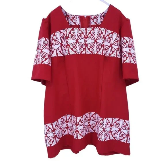 VTG 80s Red Hawaiian Puff Sleeve Square Neck Blouse Wrap Skirt Set Plus Size 5X - Picture 2 of 11